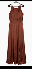 Azazie Brown Satin A-Line Bridesmaid Dress Sleeveless Maxi Zip Fitted A10