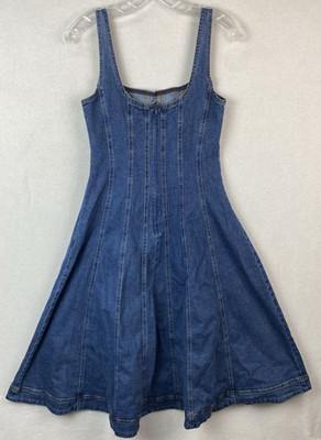 House Of Harlow Blue Denim A Line Midi Long Square Neck Dress Size M Stretch