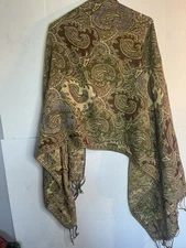 Vintage Shaw Wrap Unisex Paisley Brown Green Gold Autumn Fall Cape