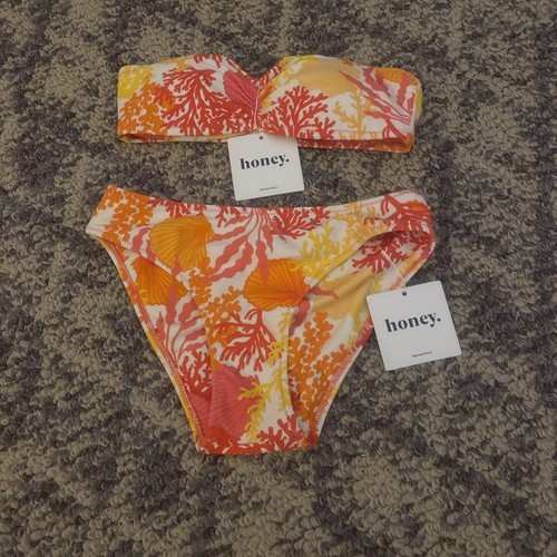 Honey Swim Strapless Bikini Seashell Print XS Orange/Red