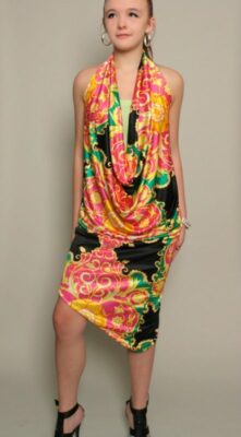 Drape Dress, Cocktail Dress, Halter Dress, Daring Print Dress, Exotic Dress Sz S