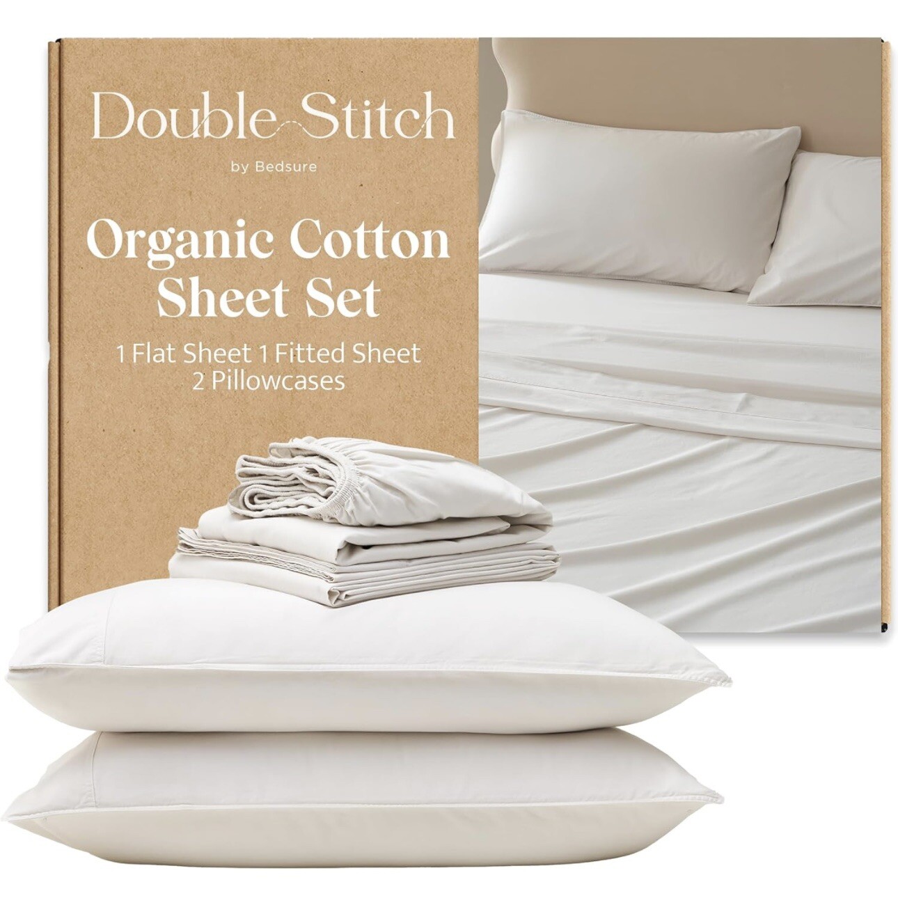 Double Stitch 100% Organic Cotton King Sheet Set 300 TC Hotel Sateen