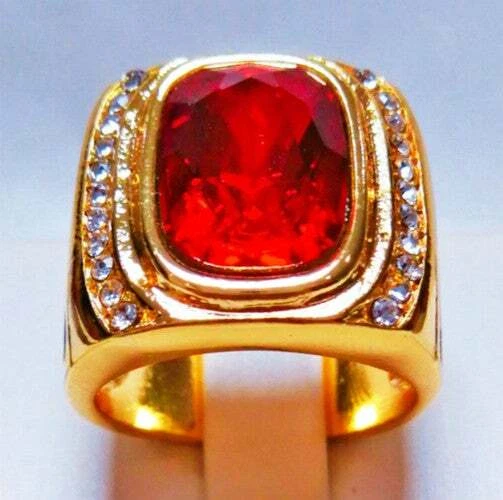 Anillo masculino; Piedra de circón rojo oblongo de 2 quilates relleno de oro amarillo de 14 quilates 3 mm x 4 mm talla 12 Foto 4 de 4