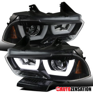 For 11-14 Dodge Charger Slick Black Halo Projector Headlights LED Bar Left+Right
