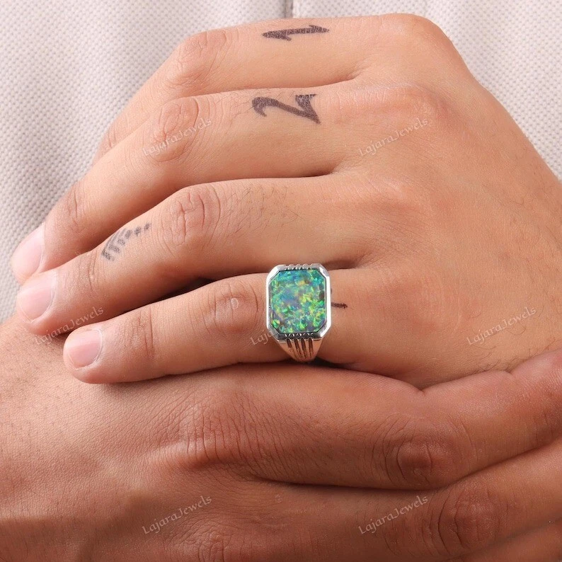 Anillo de ópalo de fuego arco iris de plata de ley 925 anillo para hombre anillo de sello para hombre regalos Foto 4 de 4