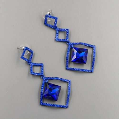 Pendientes colgantes de candelabro de estrás de cristal azul para mujer 02807 graduación - Imagen 3 de 4