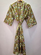 Handmade Womens Kimono Robe Green Pink Floral Block Print Bridesmaid Robe Gown