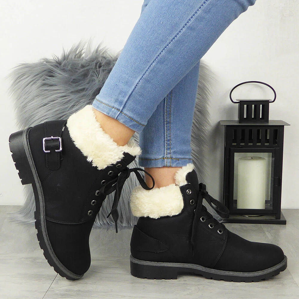 Ladies Ankle Boots Womens Fur Lined Winter Casual Buckle Lace Up Shoes Size