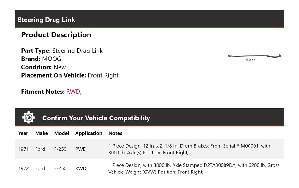 Eslabón de arrastre de dirección delantero derecho MOOG para Ford F-250 1971-1972 tracción trasera Foto 2 de 4