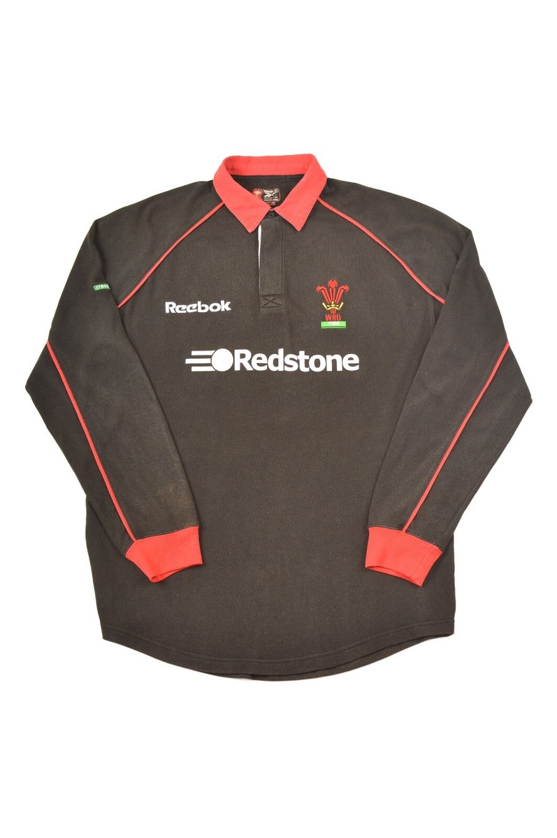 Reebok WRU Cymru Wales Vintage Black Cotton Long Sleeve Rugby Shirt  Redstone M