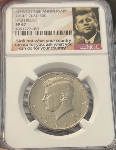 2014 D NGC SP67  CLAD KENNEDY 50C HIGH RELIEF 50TH ANNIVERSARY