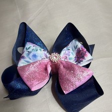 Girls Ribbon Fabric Hair Clip Bow, Navy Pink White Floral Glitter, Pearl