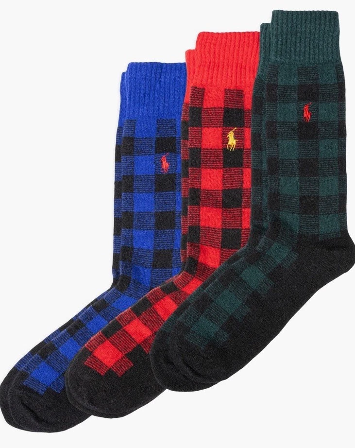 New $78 POLO RALPH LAUREN Men Pony Buffalo Check Plaid Wool Blend 3 Pack Socks