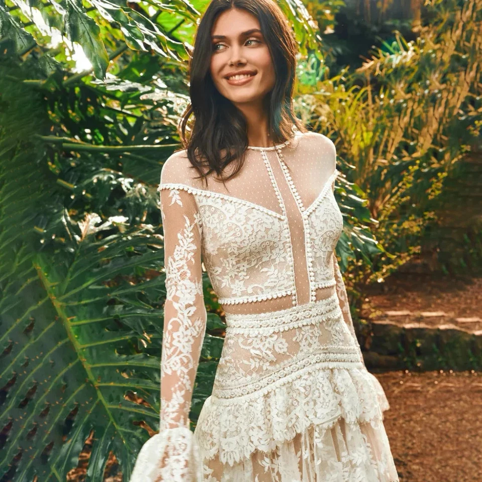 Champagne A-Line Wedding Dresses O-Neck Long Sleeves Layered Ruffles Bridal Gown - Image 3 of 4