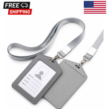 PU Leather ID Badge Holder Vertical Card Case Neck Strap Lanyard