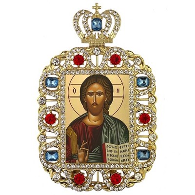 Christ Teacher Gilded Icon Jeweled Frame Crown Cross Chain Boxed