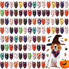 100 Pcs Halloween Dog Bandanas Bulk Pumpkin Bat Spider Skull Pattern Dog Band...