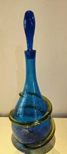 Blenko Glass  #6816 Decanter Turquoise Crackle Glass W/ Olive Applied Swirl 15"