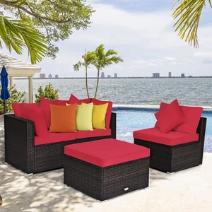 4PCS Patio Rattan Wicker Furniture Set Cushioned Sofa Ottoman Garden Deck Red
