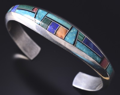 Vintage Silver Multistone Navajo Inlay Bracelet by Phillip Sanchez 5E06J