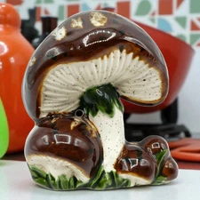 Vintage 1970s Ceramic Mushroom Wall Hanging • Brown & Cream Glazed Toadstool Kit
