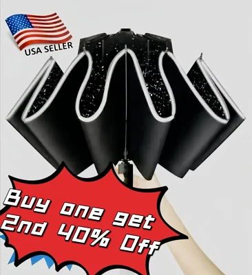 Windproof Upside Down Inverted Reflected Strip Auto Fold Umbrella