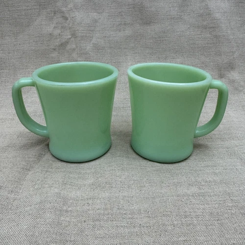 Pair Of Vtg Fire King  Jadeite D Handle Mug Ringed Base Oven Ware Made In The US