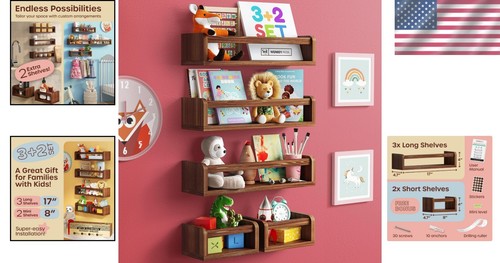 3+2 Floating Nursery Book Shelves Set for Kids Rooms – Stylish & Practical - Picture 2 of 9