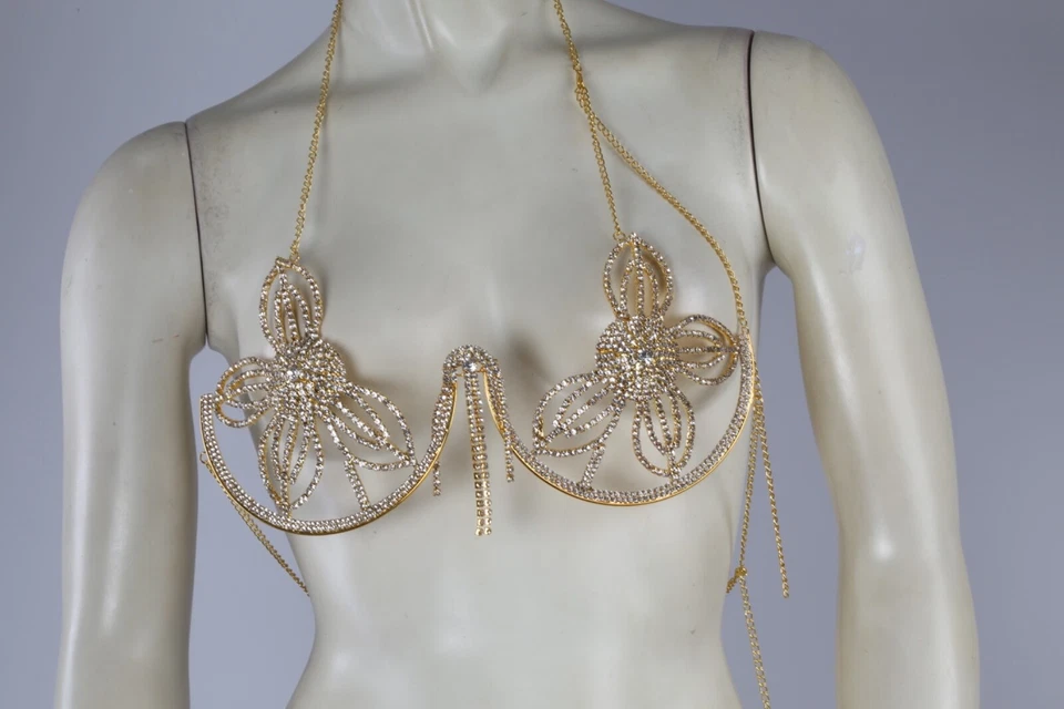 Gold Chain Bracket Chest Metal Rhinestone Flower Harness Tassel Top Bikini Bra - Image 2 of 4