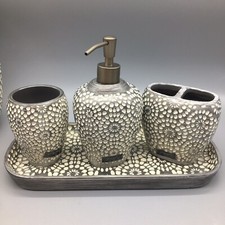 4pc Cynthia Rowley Bathroom Set Soap Dispenser Toothbrush Holder Cup Tray Silver
