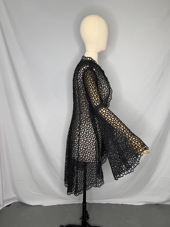 Abrigo de noche de encaje negro, elegante y hecho a mano, único en su clase, 8-10 Foto 4 de 4