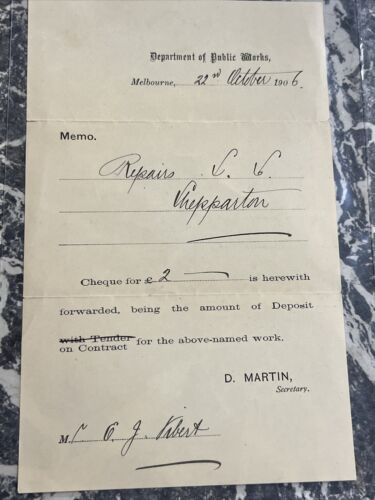 VINTAGE DOCUMENT DEPARTMENT IF PUBLIC WIRKS MELBOURNE 1906 SHEPPARTON VIBERT - Picture 1 of 4