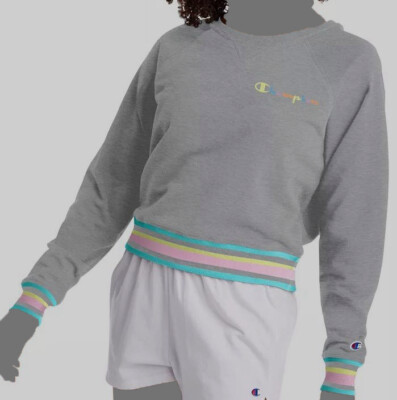 $45 Champion Women's Gray Campus Varsity-Stripe Sweatshirt Size L