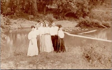 RPPC c1940 family Posing For Picture By river Bank Creek