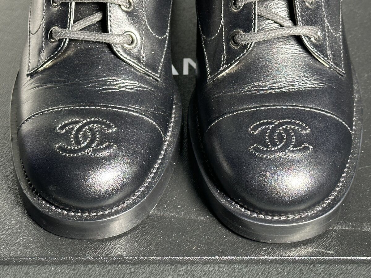CHANEL WOMEN BLACK LEATHER LACE UP/SIDE ZIPPER COMBAT BOOTS CHANEL WOMEN BLACK LEATHER LACE UP/SIDE ZIPPER COMBAT BOOTS
