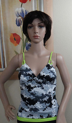 NEW O'RAGEOUS white/black/gray palm tree print w green straps tankini top,S,M,L