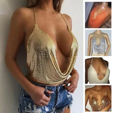 Sexy Women V Neck Sequined Halter Backless Chain Plunge Tank Vest Crop Tops Cami