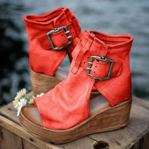 Sandalias huecas de verano para mujer con punta abierta plataforma moda sin cordones retro tacones de cuña - Imagen 26 de 48