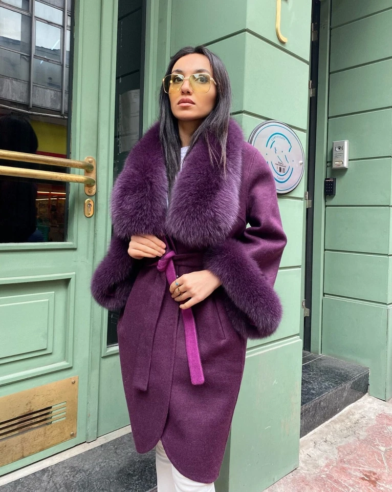 100% Alpaca Women's Winter Coat Real Fox Fur Long Overcoat Stylish Dark Purple - Image 2 of 3