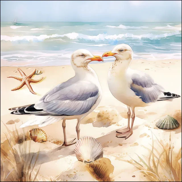 4 x Paper Napkins/33cm/3Ply/Decoupage/Seaside/Beach/Sand/Sea/Shells/Birds/Gulls/