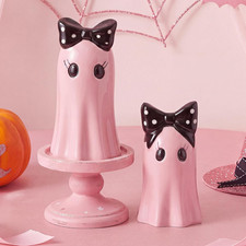 Set of 2 Halloween Ghost Figurines - Pink Ceramic Ghost Statue with Bowknot