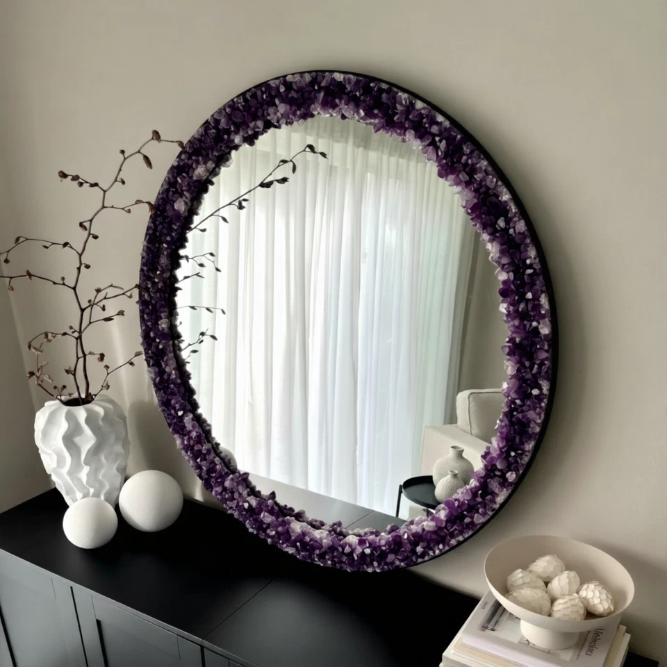 Espelho de cristal de ametista roxa | Decoração de parede de pedra de cura | Moldura feita à mão - Imagem 2 de 4