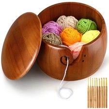 Large Wooden Yarn Bowl with Lid 9"x9"x6" Yarn Holder for Knitting Craft Pine ...