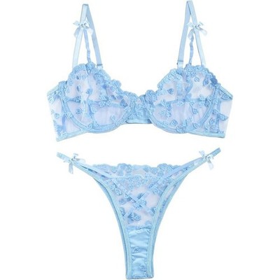 MSRP $26 Lilosy Women's L Sexy Underwire Cute Push Up Strappy Embroidered Mes