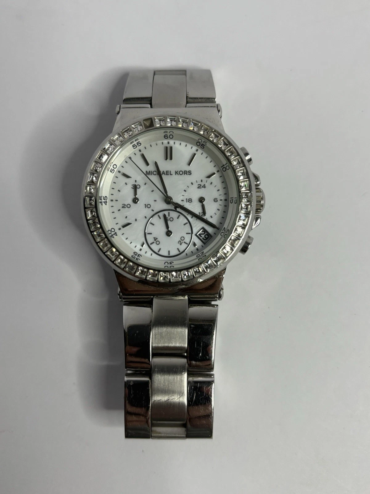 Michael Kors MK5585 Crystallized Silver Chronograph Womens Quartz Watch Read