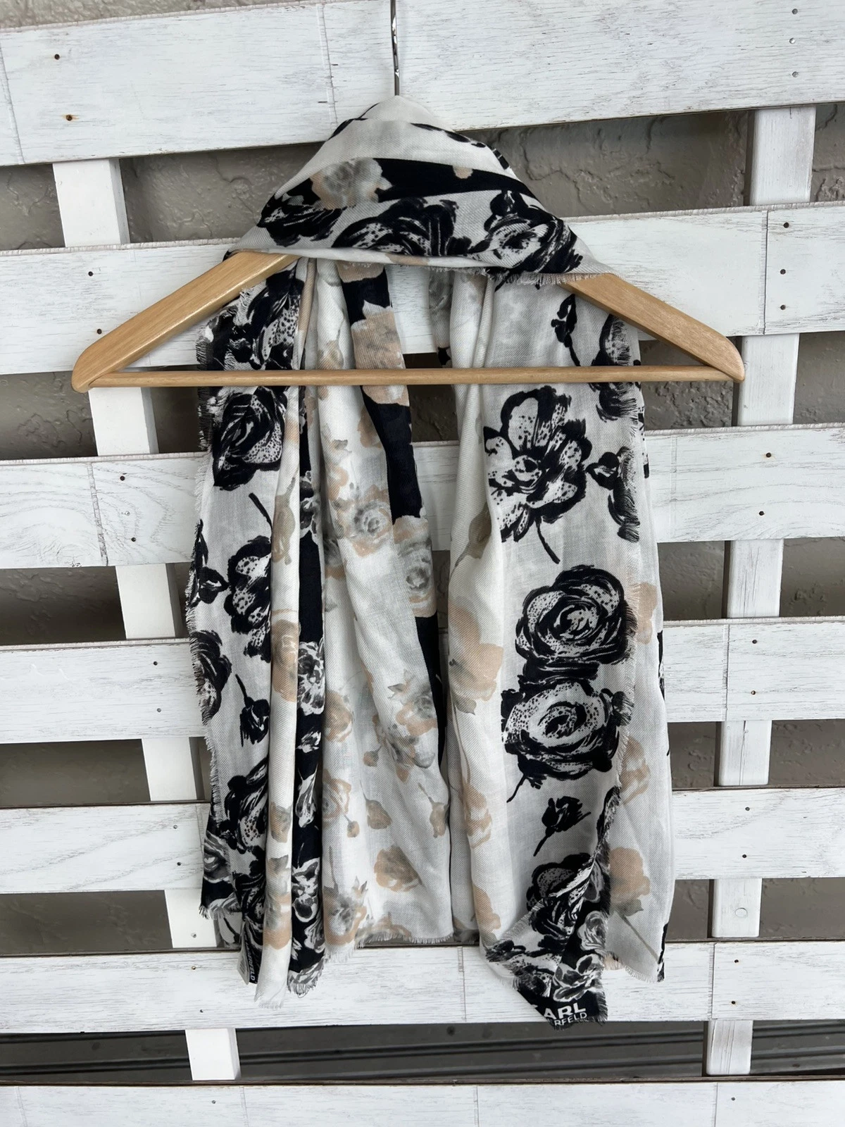 Karl Lagerfeld Women’s Scarf Floral Wrap Cream, Black Pink Large Square 53X52”.