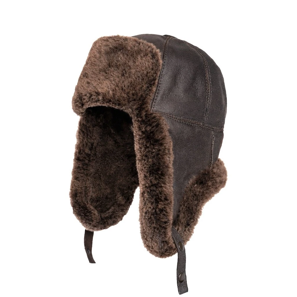 Handmade Real Shearling Leather Trapper Hat — Brown Aviator Hat for men