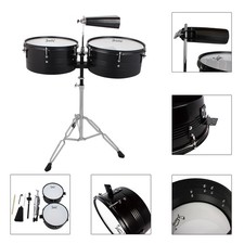 NEW Percussion 13" 14" Timbales Drum Set with Stand and Cowbell Black