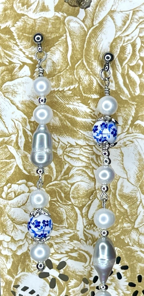 Asymmetric Gen Z Cultured Cream Silver Dangling Pearl Earrings - Image 3 of 4