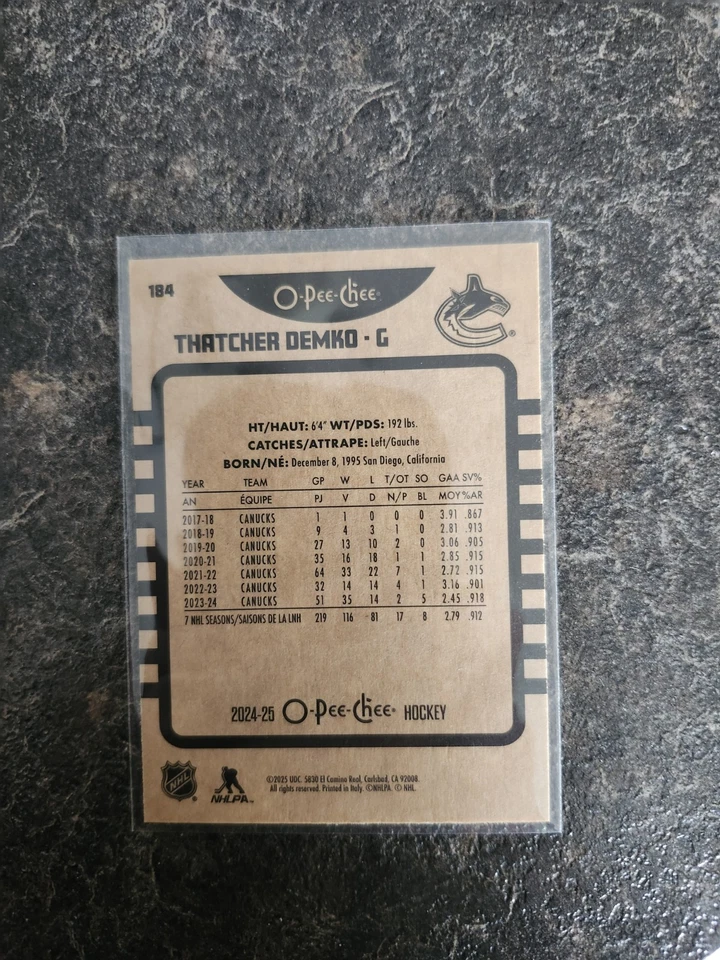 2024-25 O-Pee-Chee Retro Base Thatcher Demko Card# 184 - Image 2 of 2